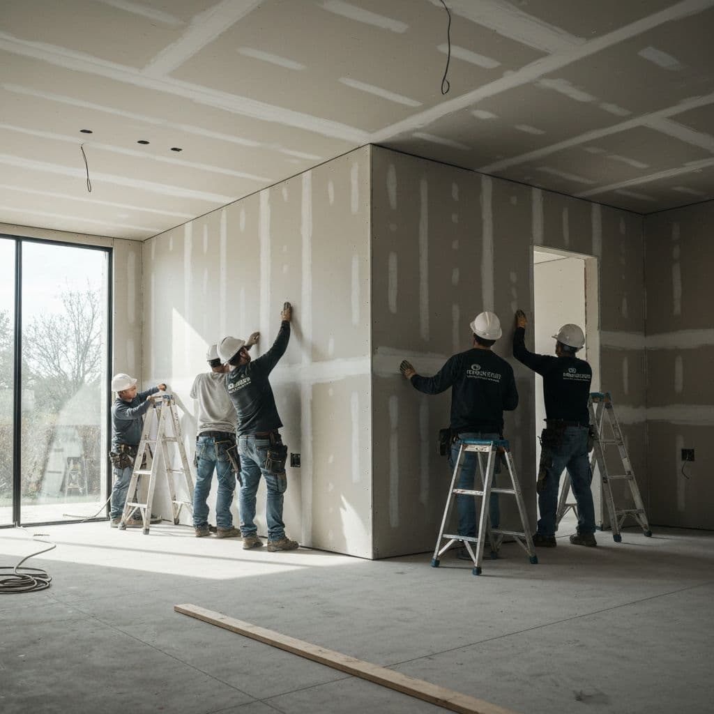 Equipe profissional DRYPLEX instalando sistema drywall em obra residencial moderna em Uberlândia